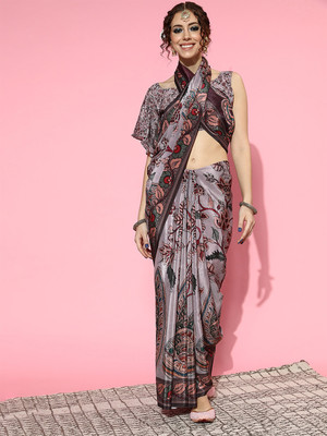 Divastri Digital Print Kalamkari Crepe Saree(Grey)