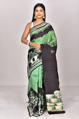 Ramshyam Collection Self Design Hand Batik Pure Silk Saree(Green)