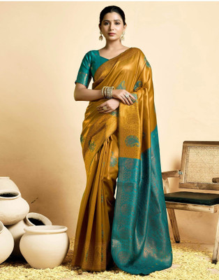 Falessa Woven Banarasi Silk Blend Saree(Mustard, Green)