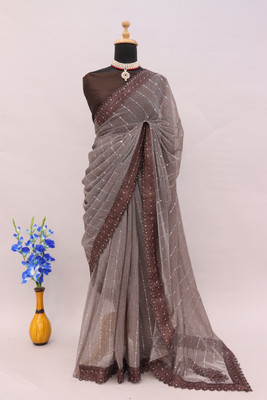 Online Bazaaar Applique Bollywood Lycra Blend Saree(Brown)