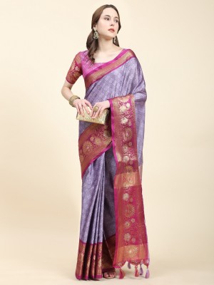SILK SAREE HUB Woven Kanjivaram Jacquard, Cotton Silk Saree(Purple)