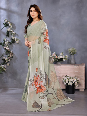 UCREATATION Floral Print Bollywood Jimmy choo Saree(Dark Green)