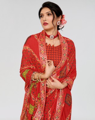 ANIRAV Printed Daily Wear Georgette, Lace Saree(Red)