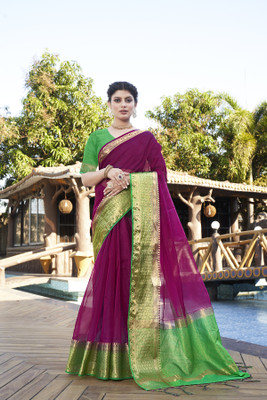 Aarunika SST Solid/Plain Bollywood Organza Saree(Magenta, Green)