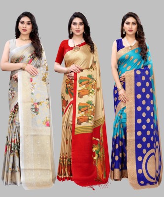 Priyashi Printed Bollywood Art Silk Saree(Pack of 3, Grey)