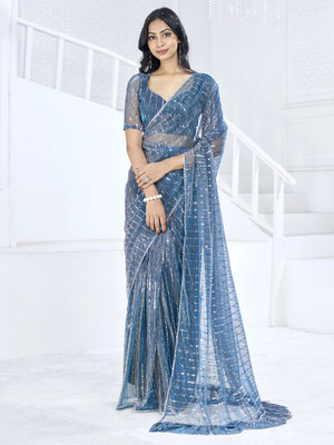 Divastri Printed Bollywood Lycra Blend Saree(Blue)