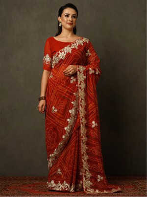 Sareemall Embellished Bandhani Georgette Saree(Red)