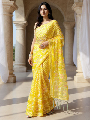 Anouk Rustic Printed Bollywood Brasso Saree(Yellow)