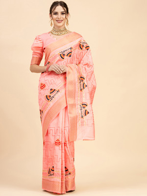 Sangria Embroidered Saree with Attached Blouse Cotton Blend Saree(Pink)