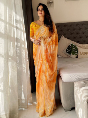 ANOUK Embroidered Chanderi Silk Blend Saree(Orange)