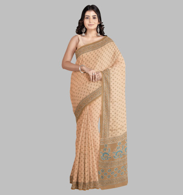 RATAN Floral Print Daily Wear Pure Cotton Saree(Beige)
