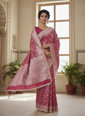 Shanwaz Ahmad Embellished, Self Design Banarasi Silk Blend, Georgette Saree(Magenta, Pink)
