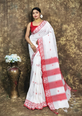 SBfashions Embroidered Handloom Cotton Blend Saree(Red, White)