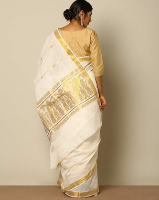 Fashionkiosks Self Design, Woven, Solid/Plain Kasavu Handloom Pure Cotton Saree(Gold)