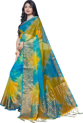 KOTHARI SST Solid/Plain Bandhani Organza Saree(Blue)