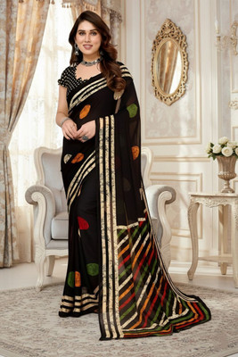 SmittenSmit Printed Bollywood Georgette Saree(Black)