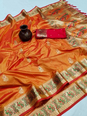 ZILVIRA Printed, Self Design, Paisley, Woven, Embellished, Applique Kanjivaram Pure Silk, Art Silk Saree(Orange)