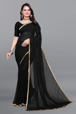 BK COLLECTION Solid/Plain Bollywood Georgette Saree(Dark Blue)
