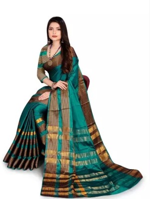 NightBlue Woven Daily Wear Cotton Silk Saree(Dark Green)