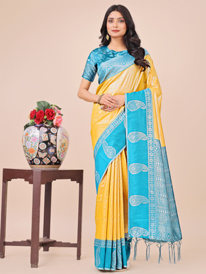 Tasrika Woven Banarasi Cotton Silk Saree(Yellow)