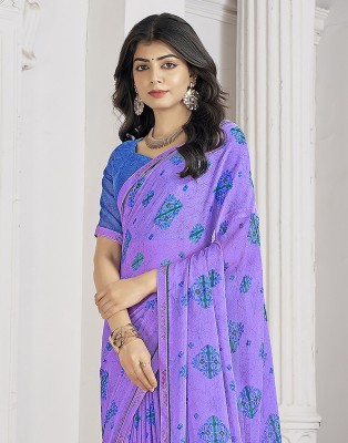 Samah Floral Print, Printed, Embellished Bollywood Chiffon, Georgette Saree(Purple, Blue)