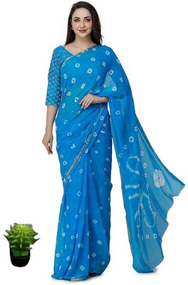 JustEthnic Printed Bandhani Chiffon Saree(Light Blue)