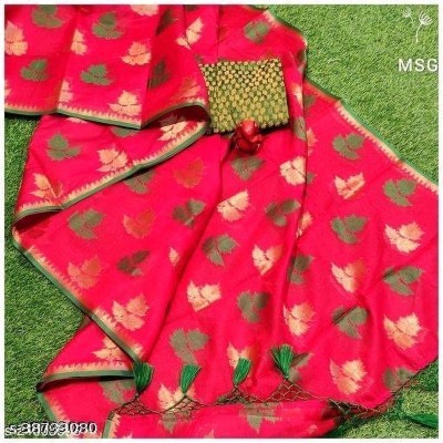 MT textiles Woven Banarasi Cotton Silk Saree(Red)