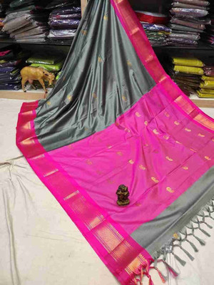 NST5 Woven Kanjivaram Cotton Silk, Organza Saree(Grey)