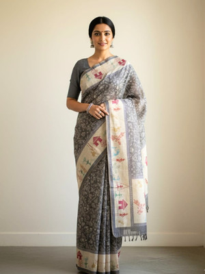 Rupdarshi Printed, Self Design Assam Silk Cotton Silk Saree(Grey)