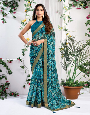 Samah Printed Daily Wear Chiffon, Georgette Saree(Blue)