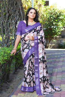 HIYAMI Printed Bollywood Cotton Linen Saree(Black, Purple)