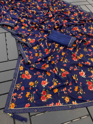 HouseOfCommon Polka Print, Floral Print, Graphic Print Bollywood Georgette Saree(Dark Blue)