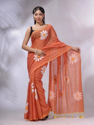 GLOWMOROUS Floral Print Handloom Pure Cotton Saree(Orange)