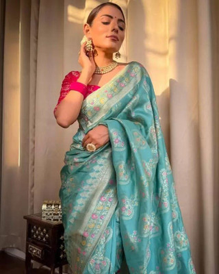 RUCHAA FASHION Woven Banarasi Silk Blend Saree(Light Blue)