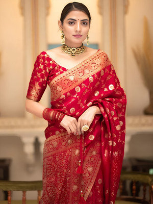 YASHIKA Woven Banarasi Cotton Silk, Jacquard Saree(Red)