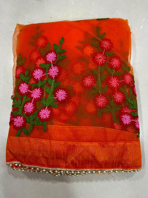 skyfiesta Embroidered KHASI DHARA MUKHLI Net Saree(Orange)