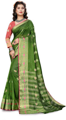 SQUHO Woven Banarasi Jacquard Saree(Green)