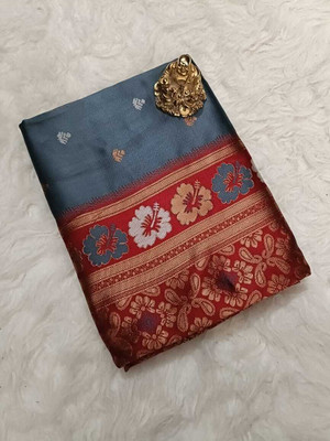 Indesa Floral Print Banarasi Art Silk Saree(Grey)