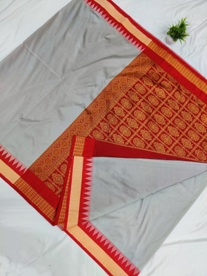 Sijileen Temple Border, Solid/Plain Sambalpuri Art Silk Saree(Grey)