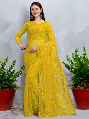 NORAFLEX Embroidered Bollywood Net Saree(Yellow)