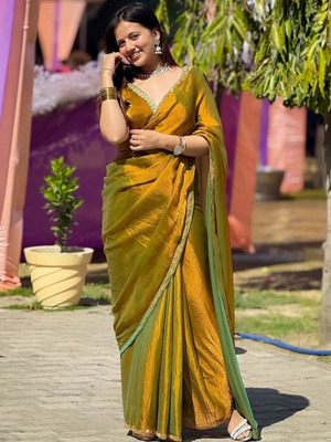 QVIDYA Solid/Plain Bollywood Organza, Silk Blend Saree(Yellow)