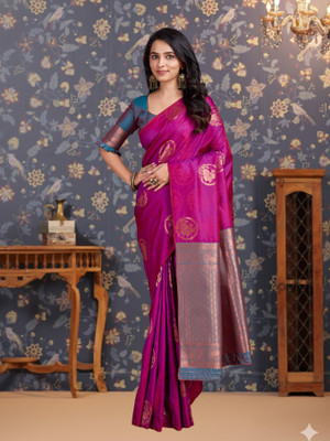 House of Pataudi Woven, Paisley Banarasi Jacquard, Art Silk Saree(Magenta, Dark Green)