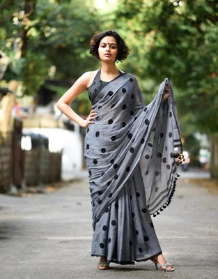 RIDDHIMAN FASHION Polka Print Handloom Pure Cotton Saree(Grey)