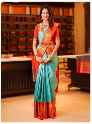 Julee Solid/Plain Banarasi Pure Silk Saree(Light Blue)