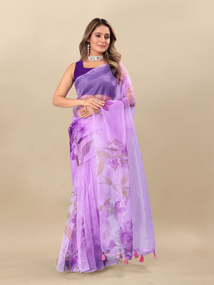 ANOUK Printed Saree with Attached Blouse Organza Saree(Purple)