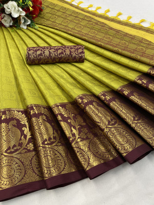 KanjiQueen Printed Kanjivaram Cotton Silk, Silk Blend Saree(Light Green, Maroon)