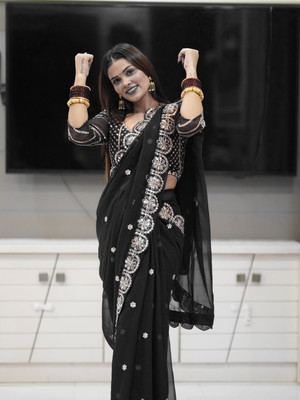jashvicreation Embellished, Embroidered Bollywood Georgette Saree(Black)