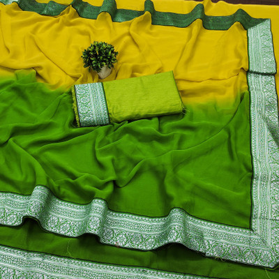 MM VENTURE Color Block Bollywood Georgette Saree(Yellow, Green)