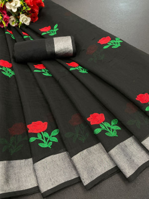 KRIVITY Embroidered Chanderi Cotton Linen Saree(Black)