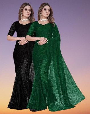 Vragi Floral Print Bollywood Net Saree(Pack of 2, Multicolor)